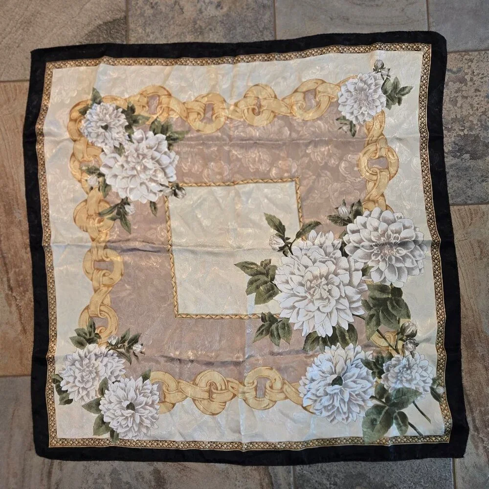 Square Floral Scarf in Cream Tan Green White with Black Border Neutral